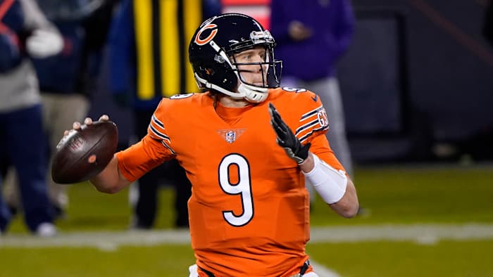 Chicago Bears quarterback Nick Foles (9) drops back to pass against the Minnesota Vikings during the second quarter at Soldier Field.